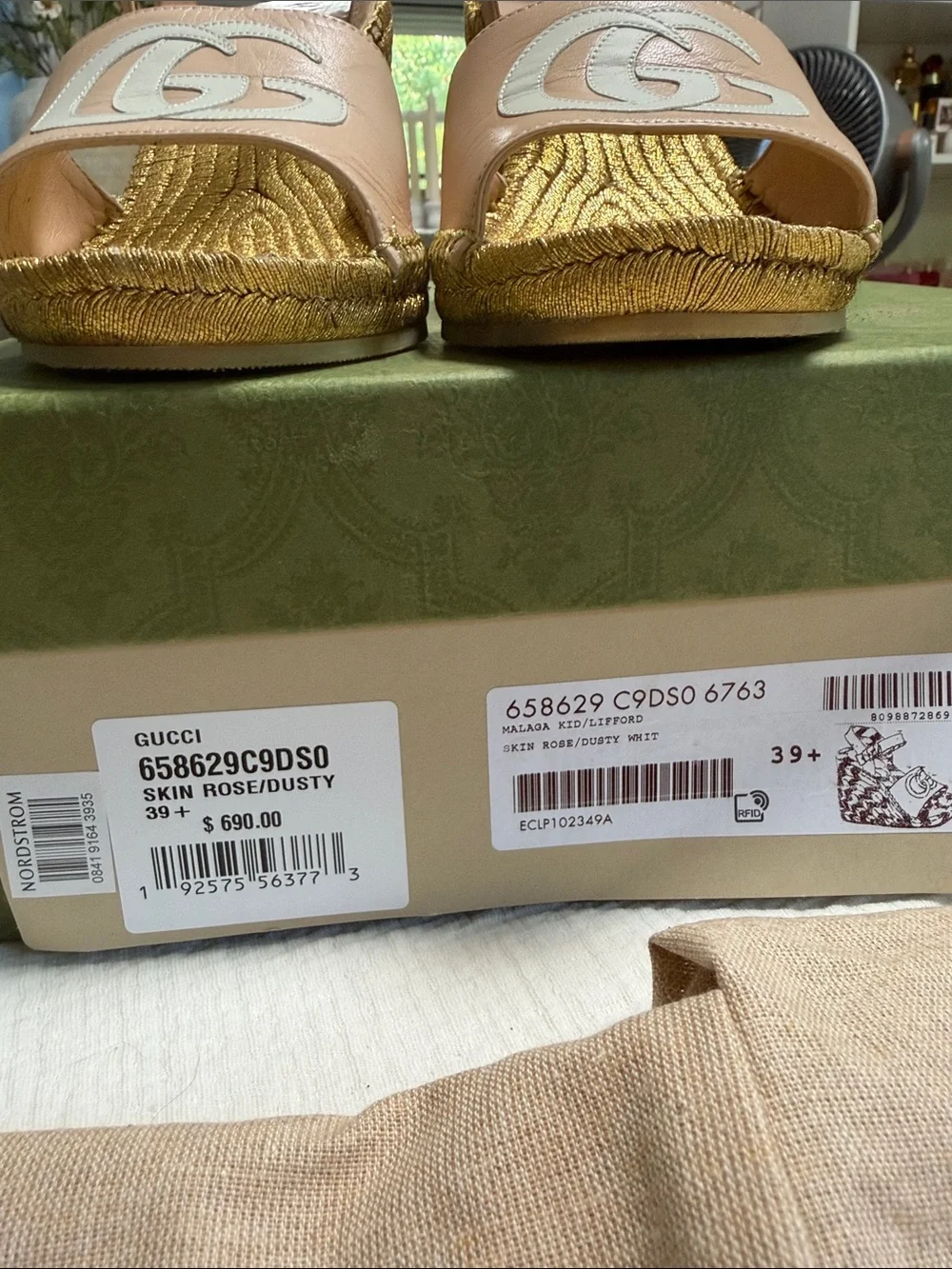 Gucci Pink Leather GG Espadrille Wedge Sandals with Gold Rope Platform